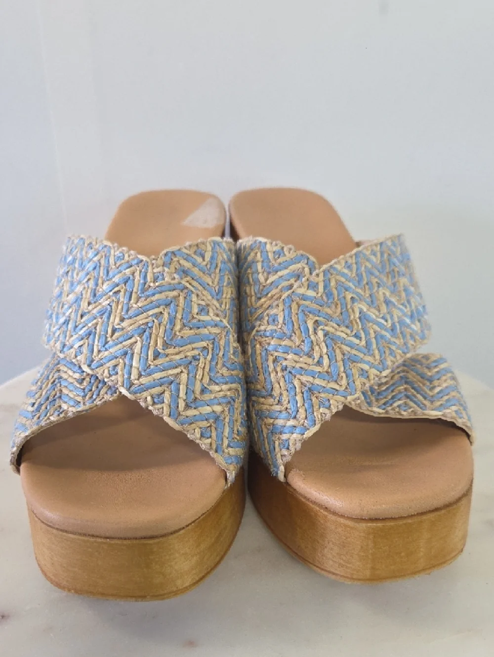 Braided Blue and Tan Platform Slide Heels - Women's Size 39